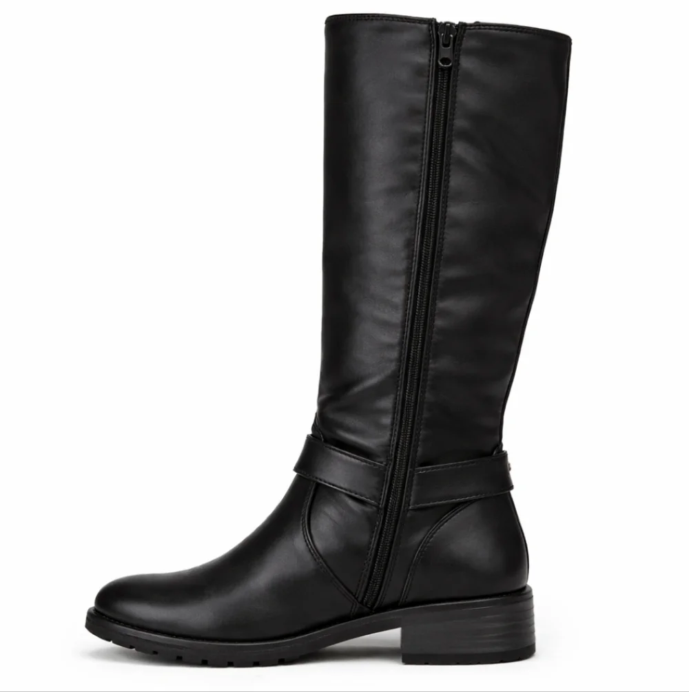 Michael Kors Tall Riding Boots Black Gold Logo Medallion Harness Buckle Sz 7