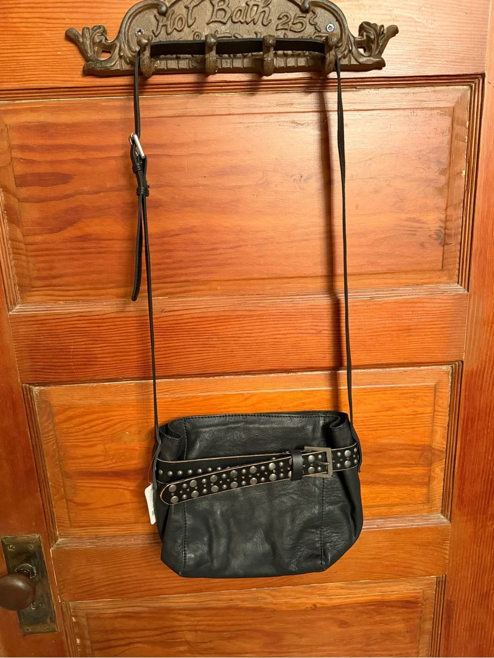 Free People Black Leather Studded Belt-Detail Bucket Shoulder Bag
