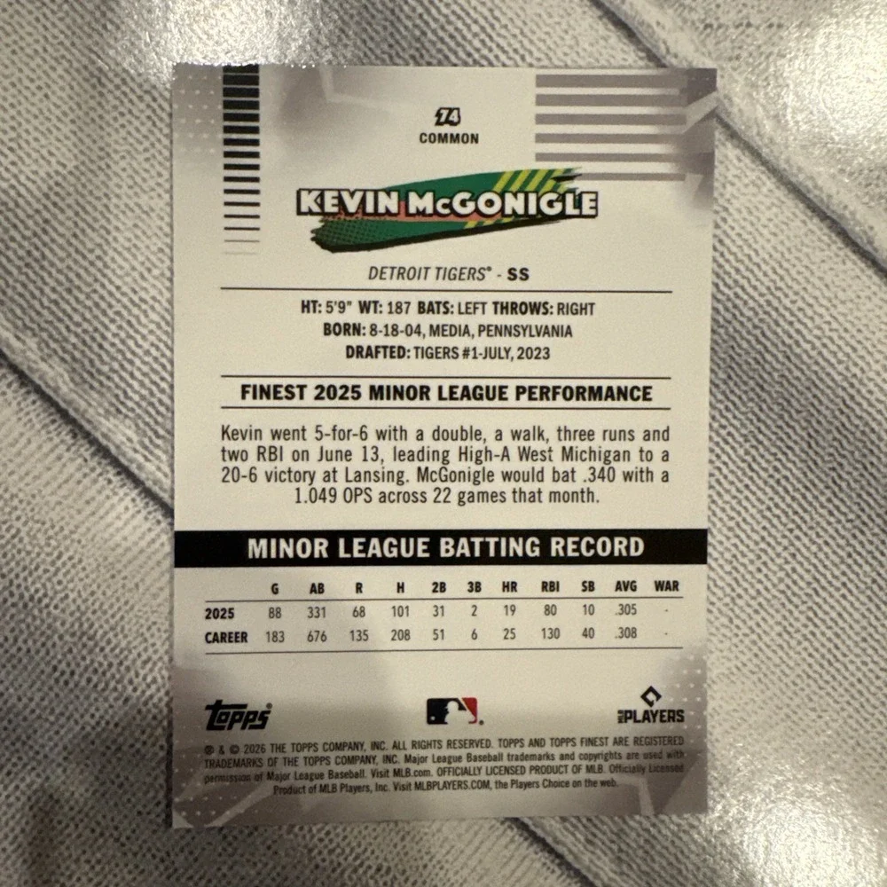 2026 Topps Finest Kevin McGonigle RC #74 Common Detroit Tigers Baseball Card