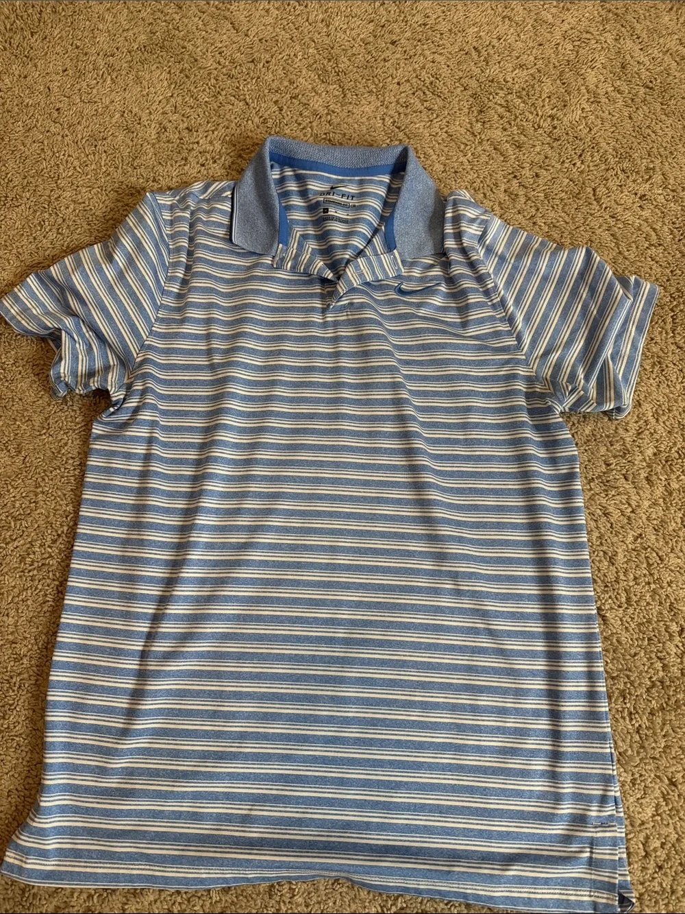 Nike Men's Light Blue and White Striped Polo