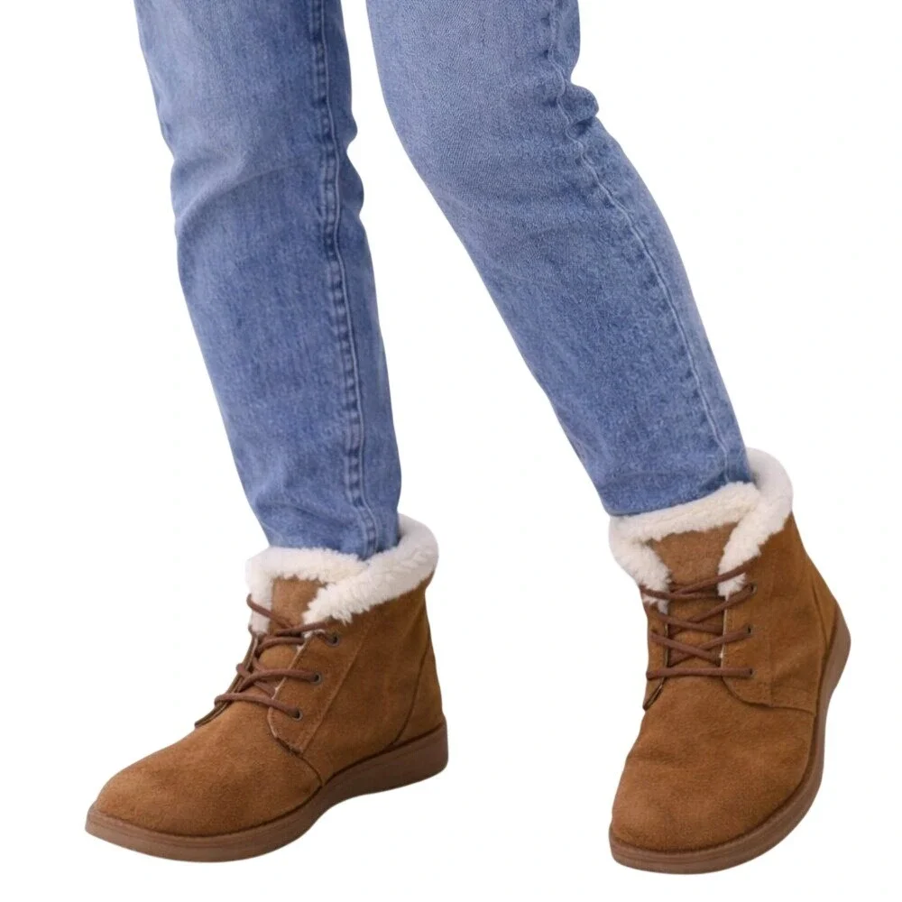 Makalu Ankle‎ Boots Women Brown Faux Fur Trim Lace Up Suede Winter Booties
