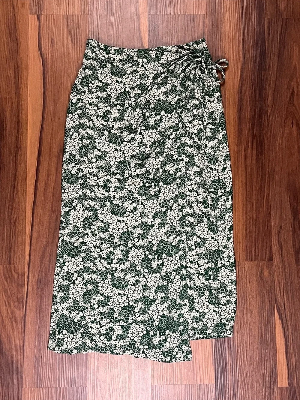 Free People green and white floral wrap around tie waist midi skirt