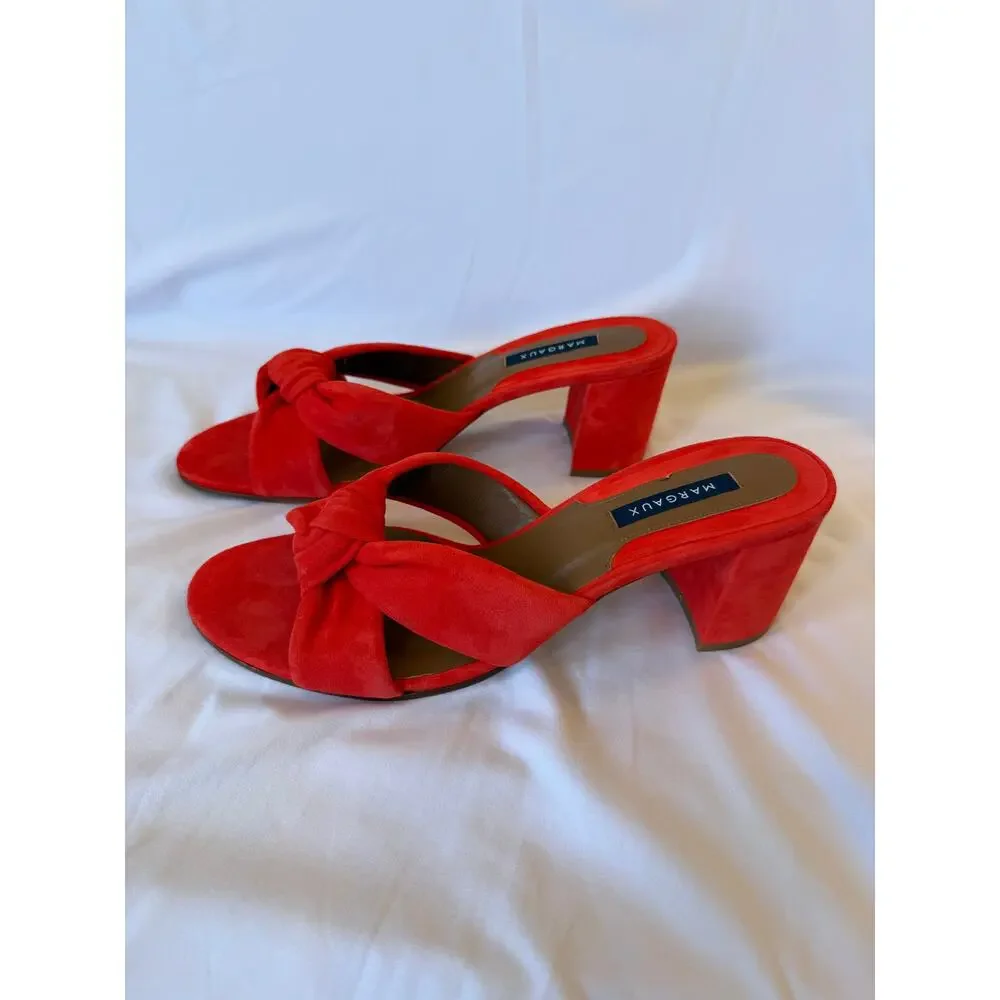 Margaux Poppy Red Knotted Suede Leather Block Heeled Sandals Shoes, 42, US 11