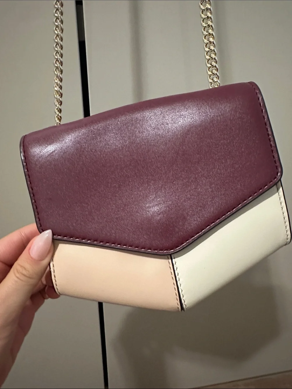 Sandro Lou Calf Leather Crossbody Bag in Burgundy and Cream with Chain Strap
