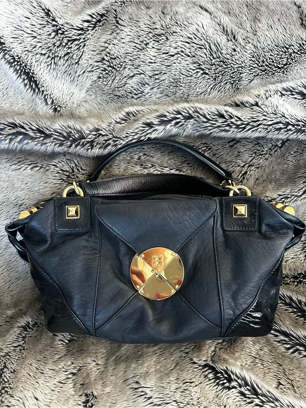 BCBG Max Azria Black Leather Satchel with Gold Hardware