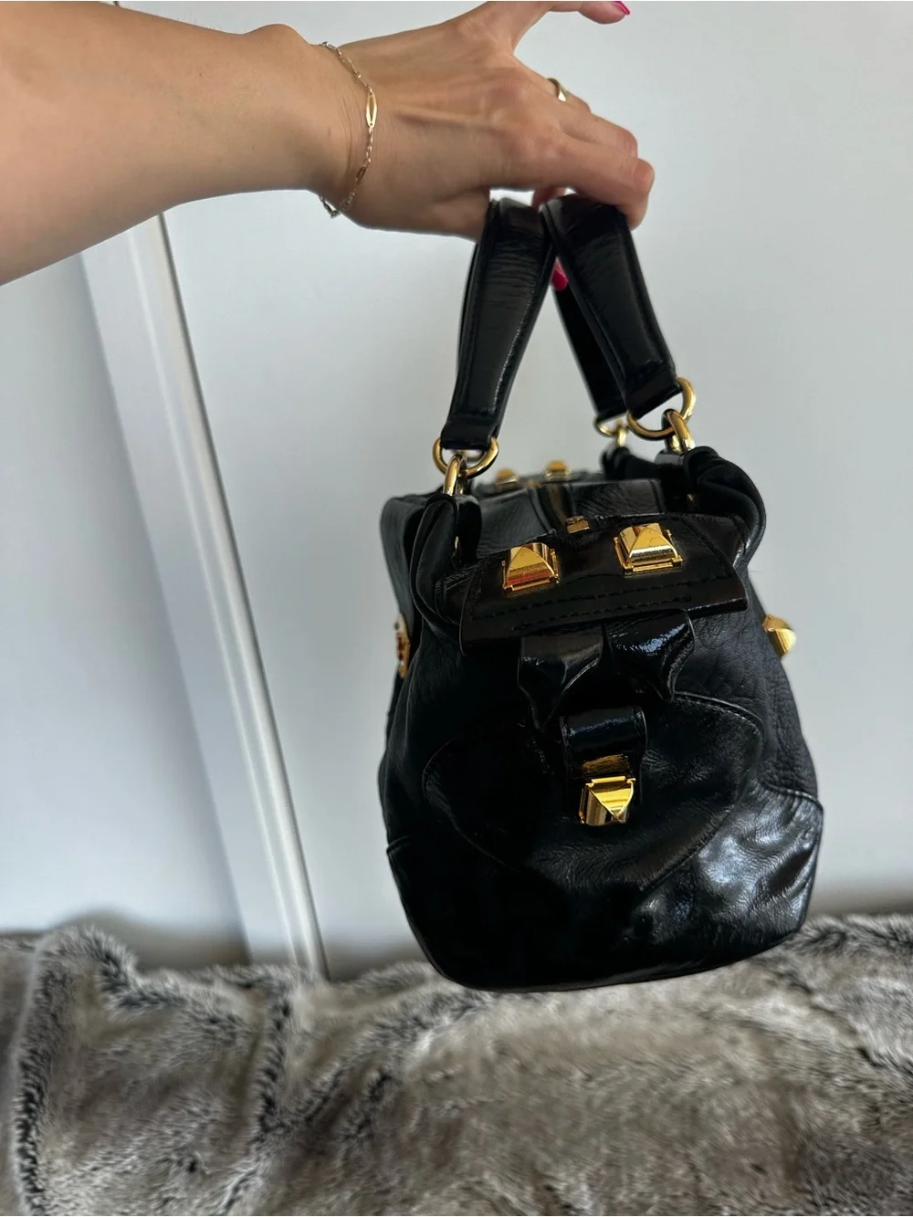 BCBG Max Azria Black Leather Satchel with Gold Hardware