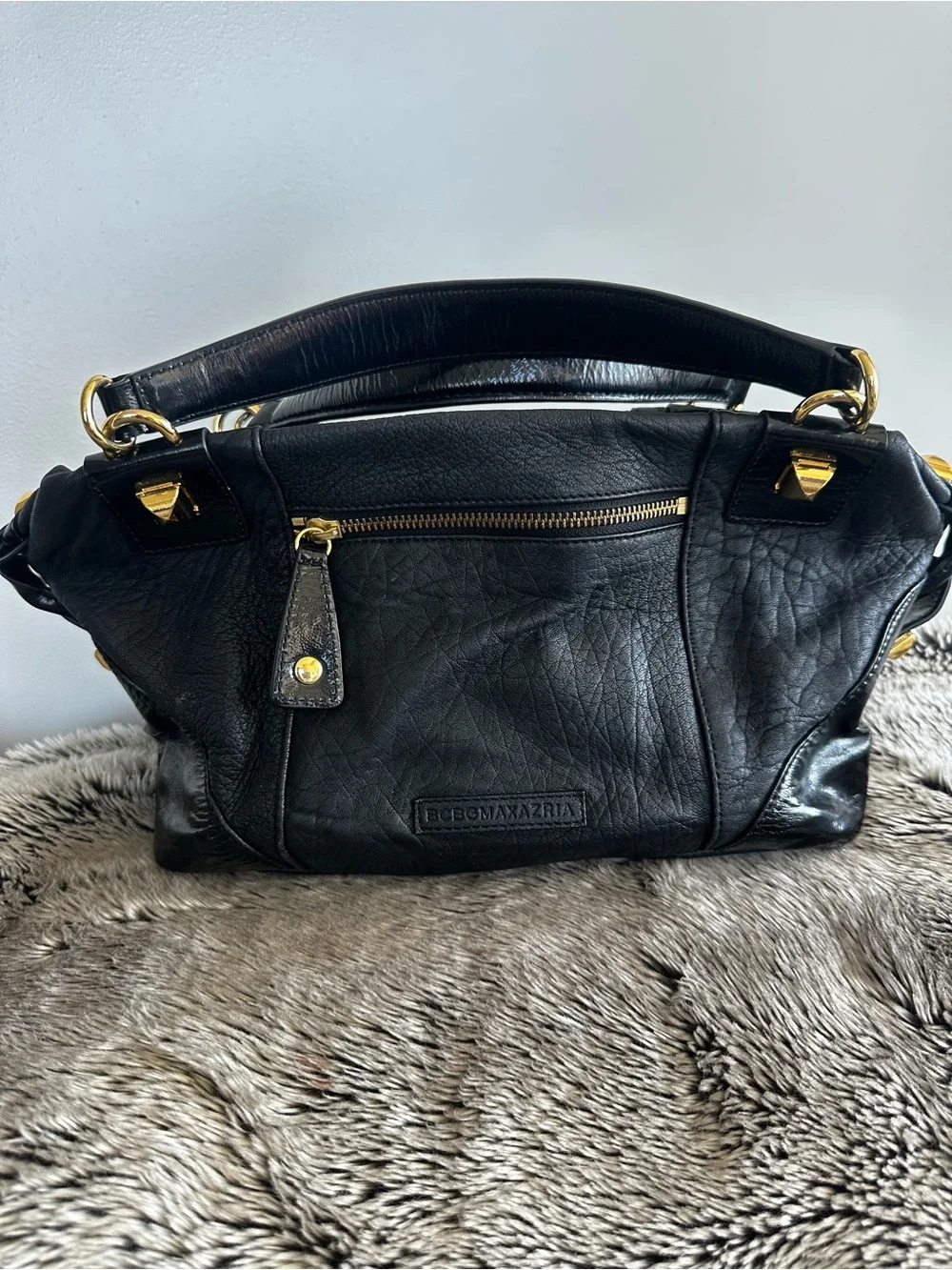 BCBG Max Azria Black Leather Satchel with Gold Hardware