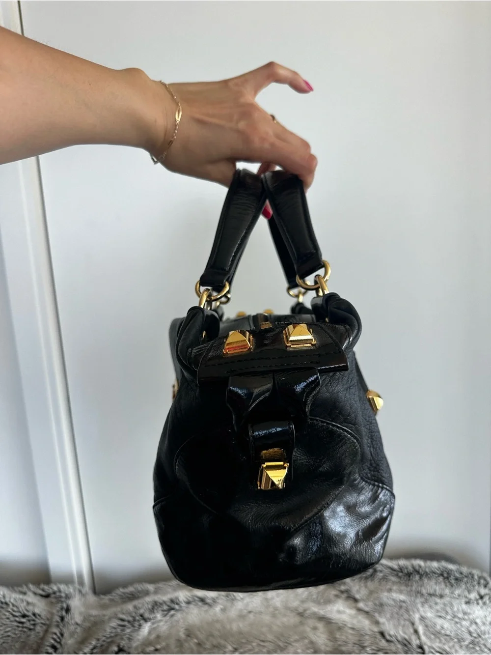 BCBG Max Azria Black Leather Satchel with Gold Hardware