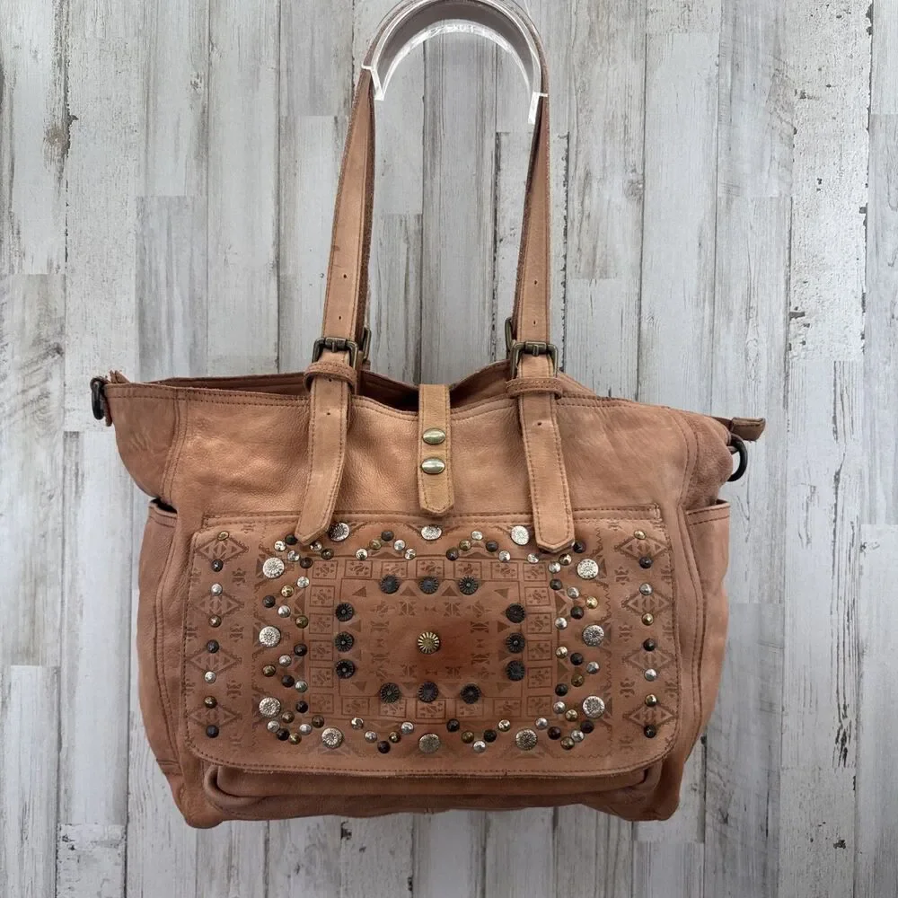 Viola Castellani Italy Leather Studded￼Slouchy Shoulder Bag Purse Cognac Tan￼