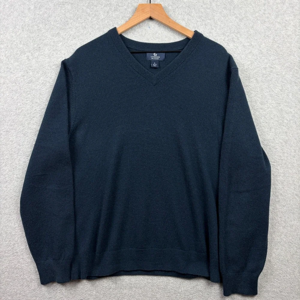 Lands End Sweater Mens Large Navy Blue 100% Cashmere V Neck Pullover Cozy Soft