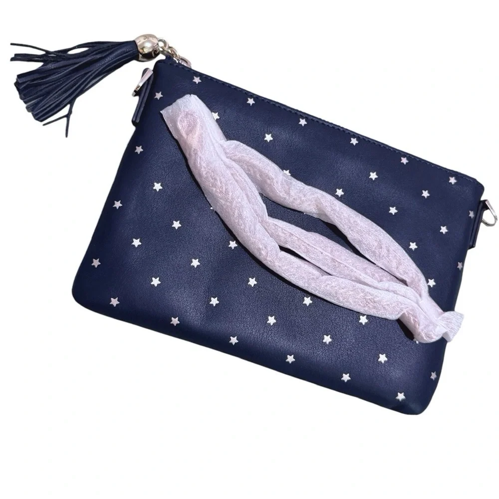 LEATHER TASSEL ZIPPER CROSSBODY in Navy Star NEW