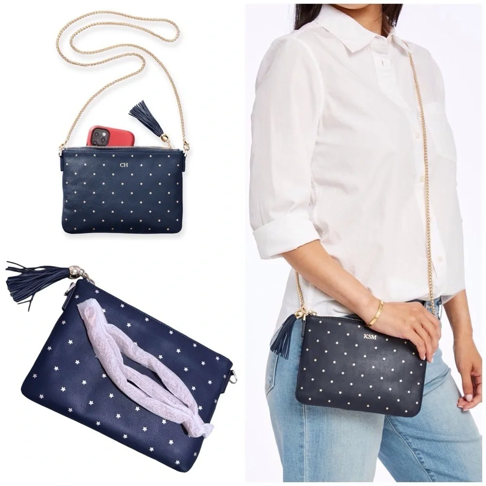 LEATHER TASSEL ZIPPER CROSSBODY in Navy Star NEW