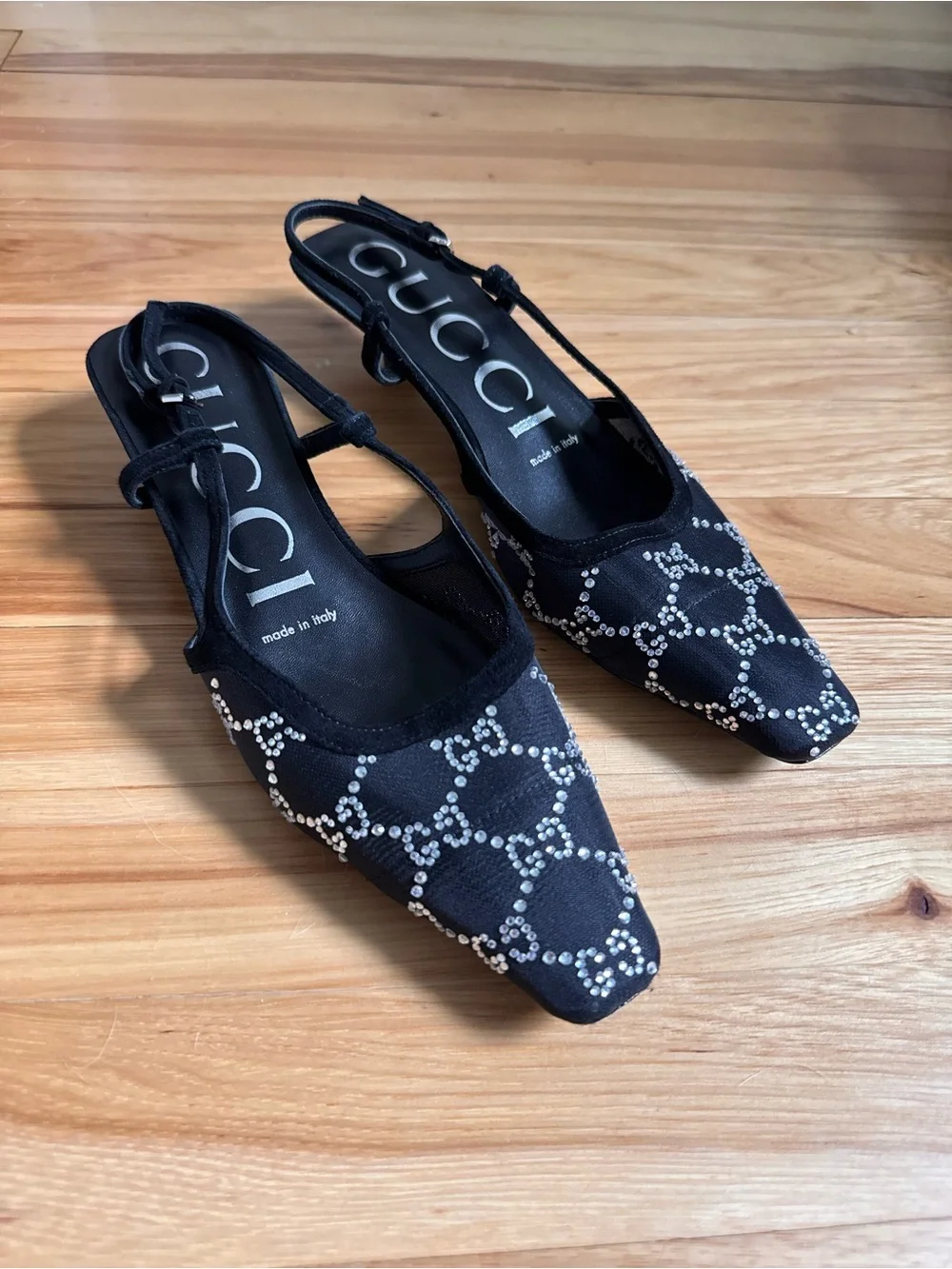 Gucci black crystal kitten heel slingback shoes size 38 authentic