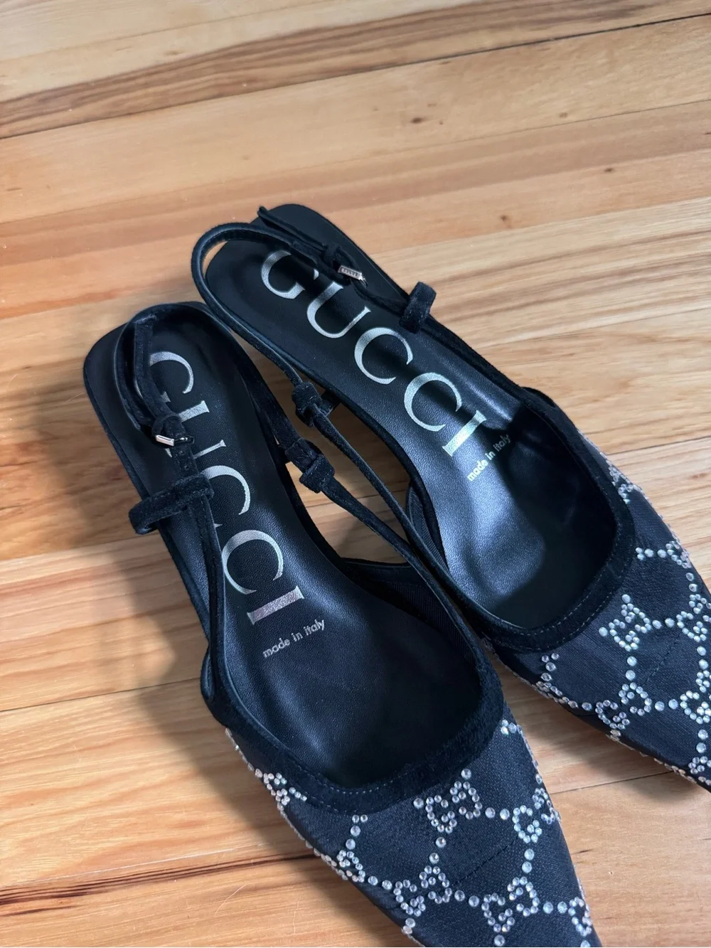 Gucci black crystal kitten heel slingback shoes size 38 authentic