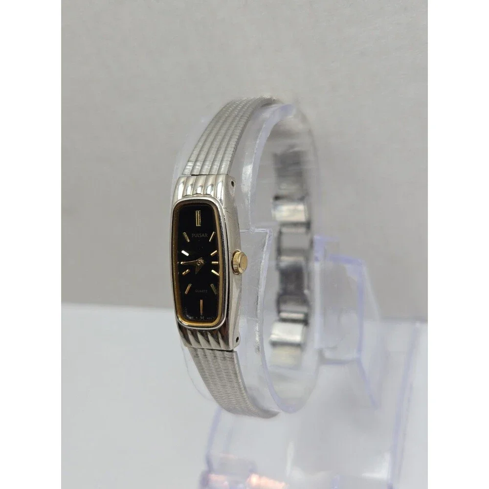 Vintage Pulsar By Seiko Womens Two Tone Black Dial Tank Quartz Watch New Battery