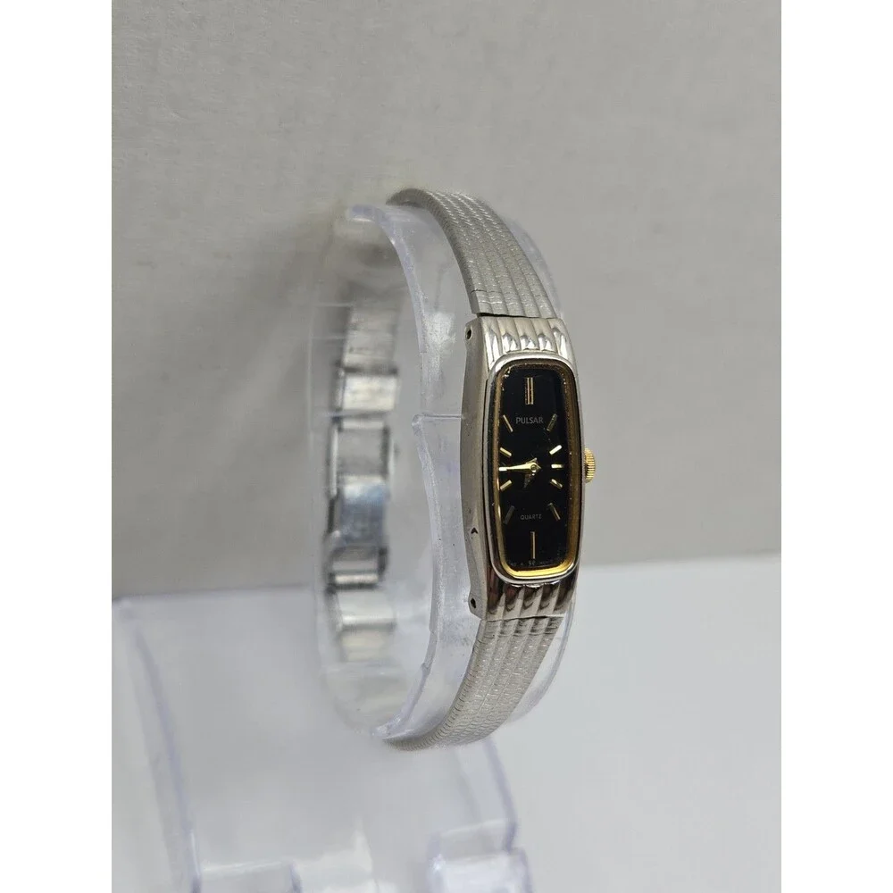 Vintage Pulsar By Seiko Womens Two Tone Black Dial Tank Quartz Watch New Battery