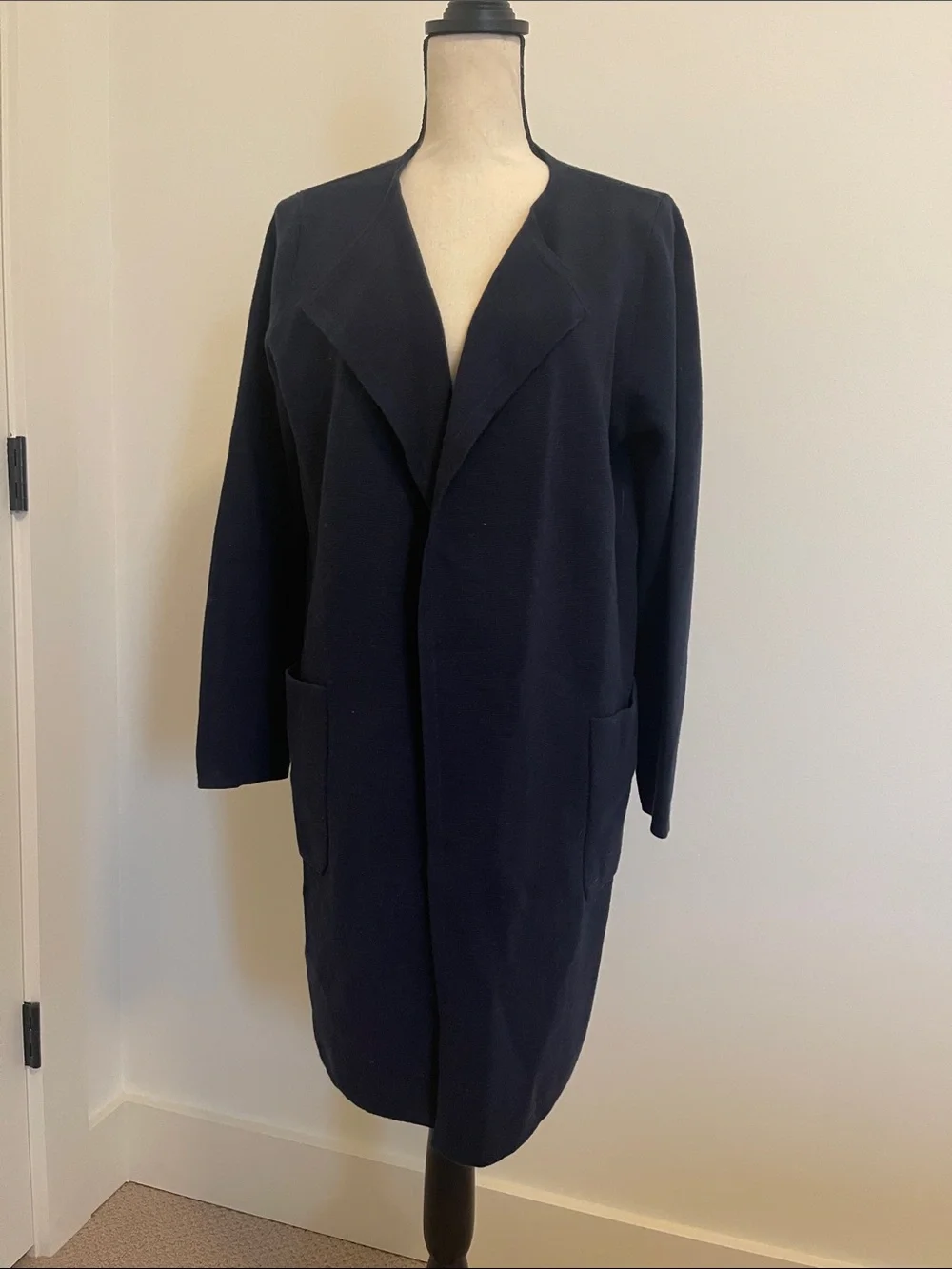 Women's Navy Open-Front Long Sweater Coat
