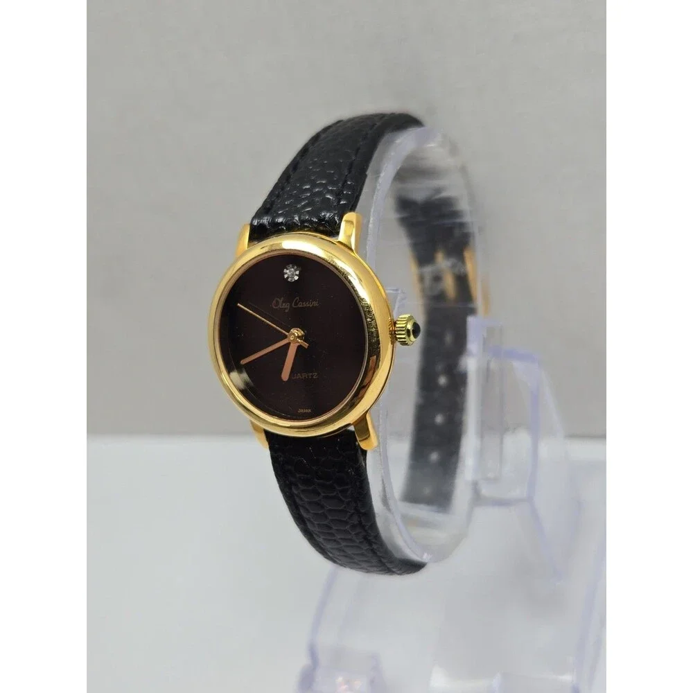 Oleg Cassini Womens Diamond Accent Black Dial Gold Tone Quartz Watch New Battery