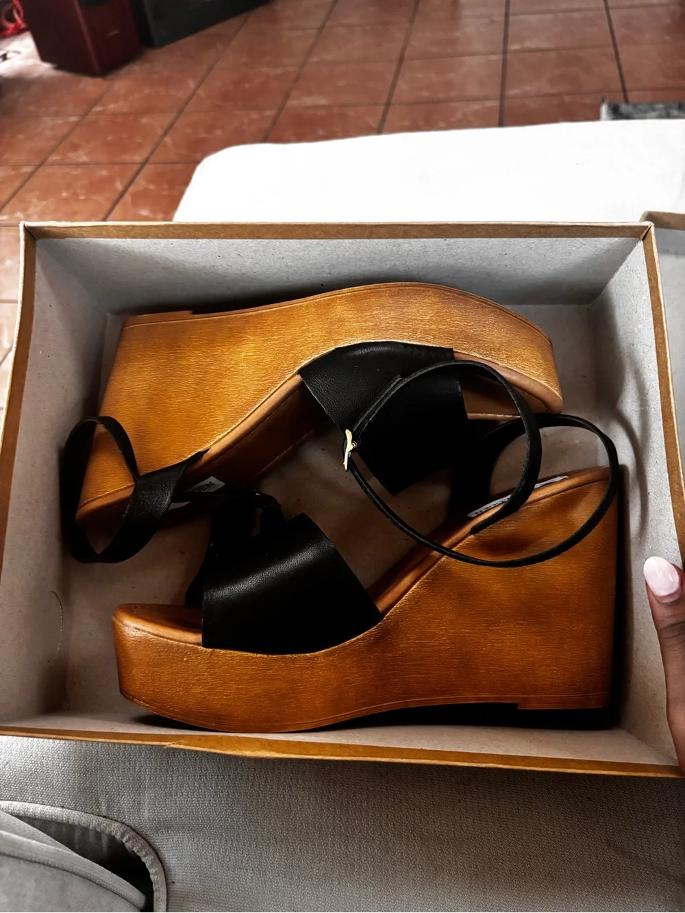 Steve Madden Black Leather Slingback Wedge Sandals with Tan Platform
