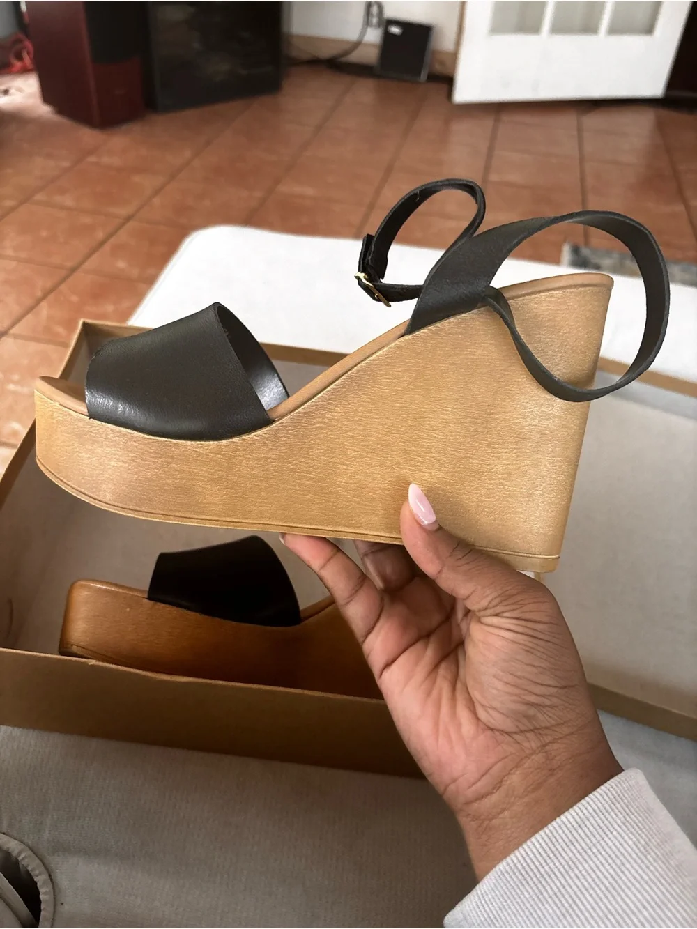 Steve Madden Black Leather Slingback Wedge Sandals with Tan Platform