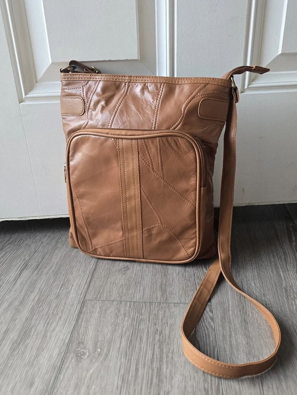 Anthology Tan Genuine Leather Patchwork Crossbody Bag Adjustable Strap Boho Purs
