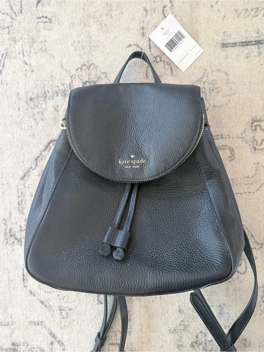 NWT Kate Spade Black Pebbled Leather Flap/Drawstring Backpack Retail $359