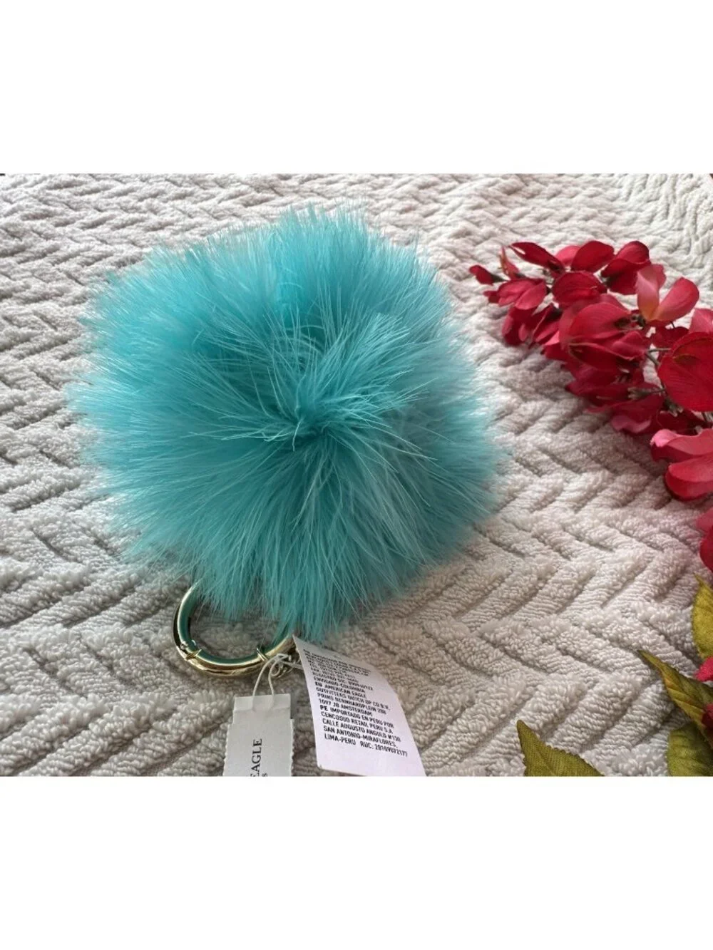 American Eagle Blue Summer Cute Pom-Pom Furry Keychain Bag Charm Key Ring NEW