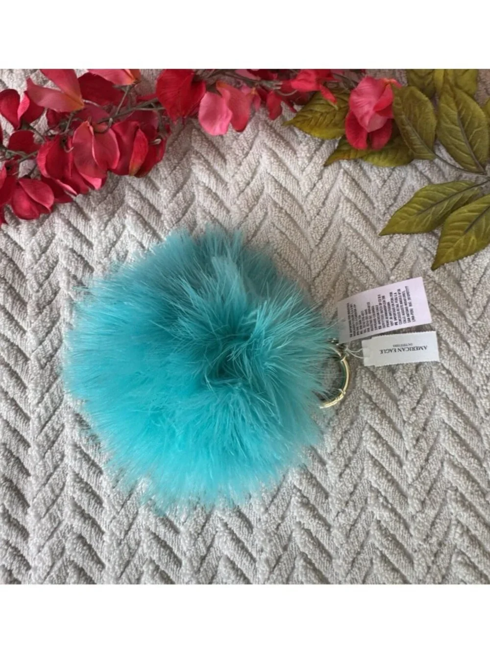 American Eagle Blue Summer Cute Pom-Pom Furry Keychain Bag Charm Key Ring NEW