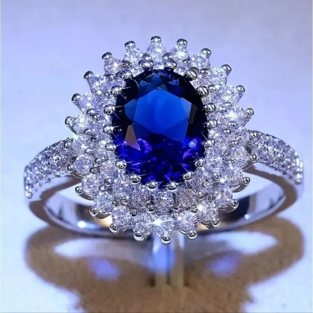 Ladies Elegant Lab Created Diamond And Sappire Sunflower Ring sz 7