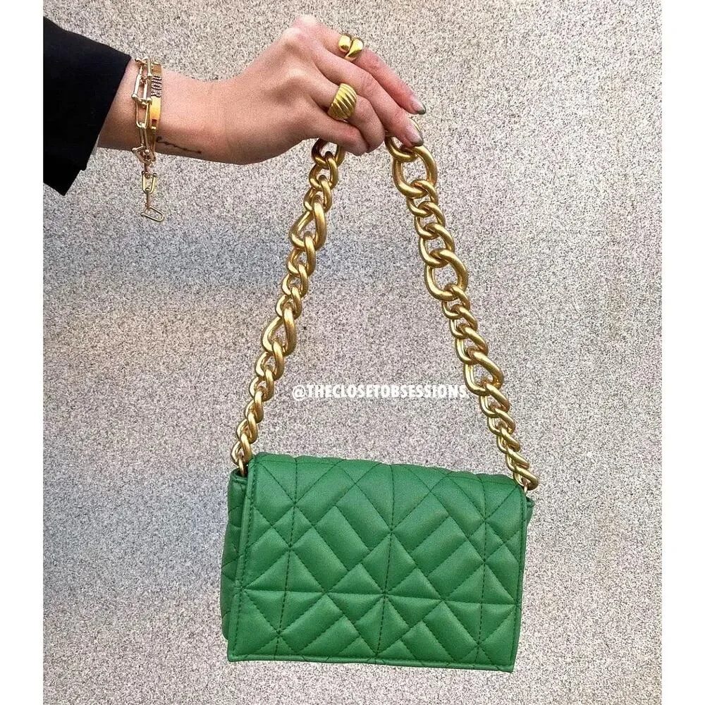 ZARA Green Quilted Chain Shoulder Bag NWT Gold Chain Purse OS