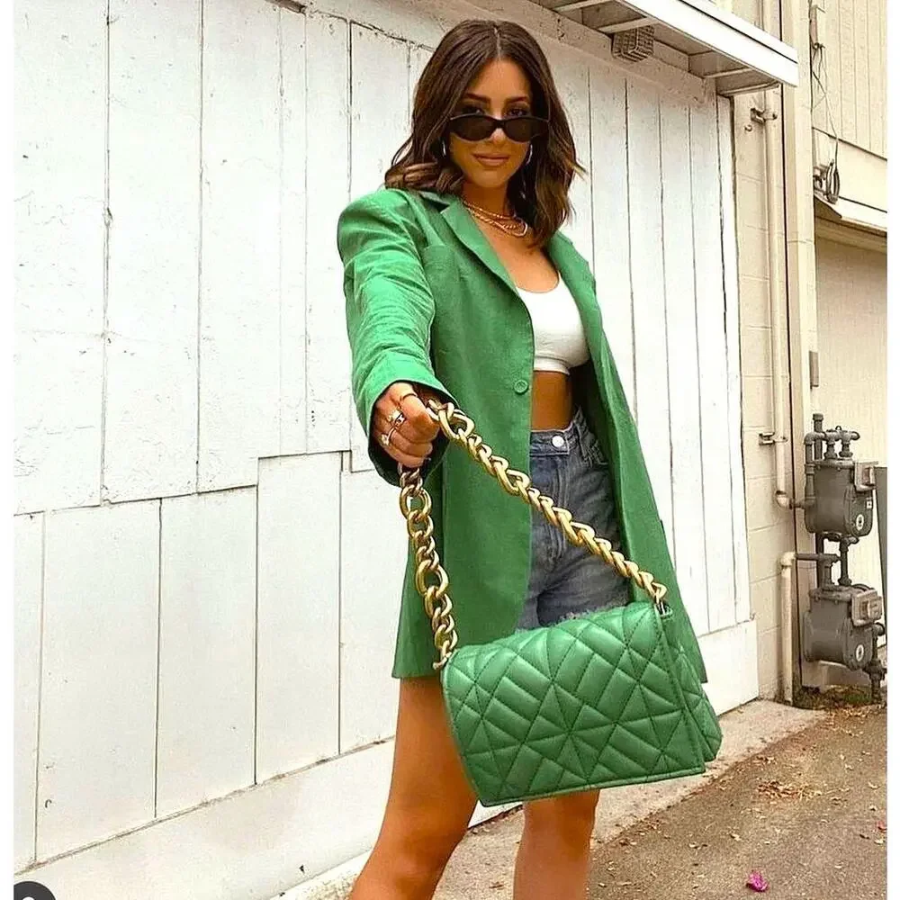 ZARA Green Quilted Chain Shoulder Bag NWT Gold Chain Purse OS