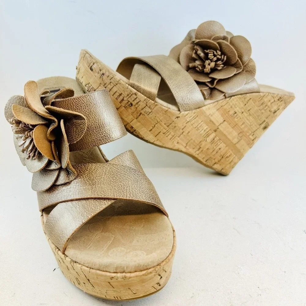 Korks by Kork-Ease Rose Gold  Wedge Sandals with Floral Accent