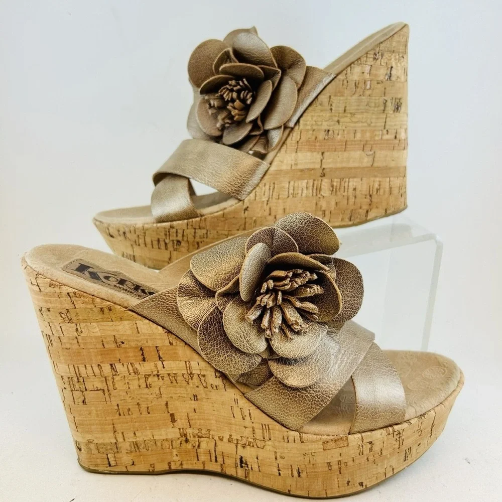 Korks by Kork-Ease Rose Gold  Wedge Sandals with Floral Accent