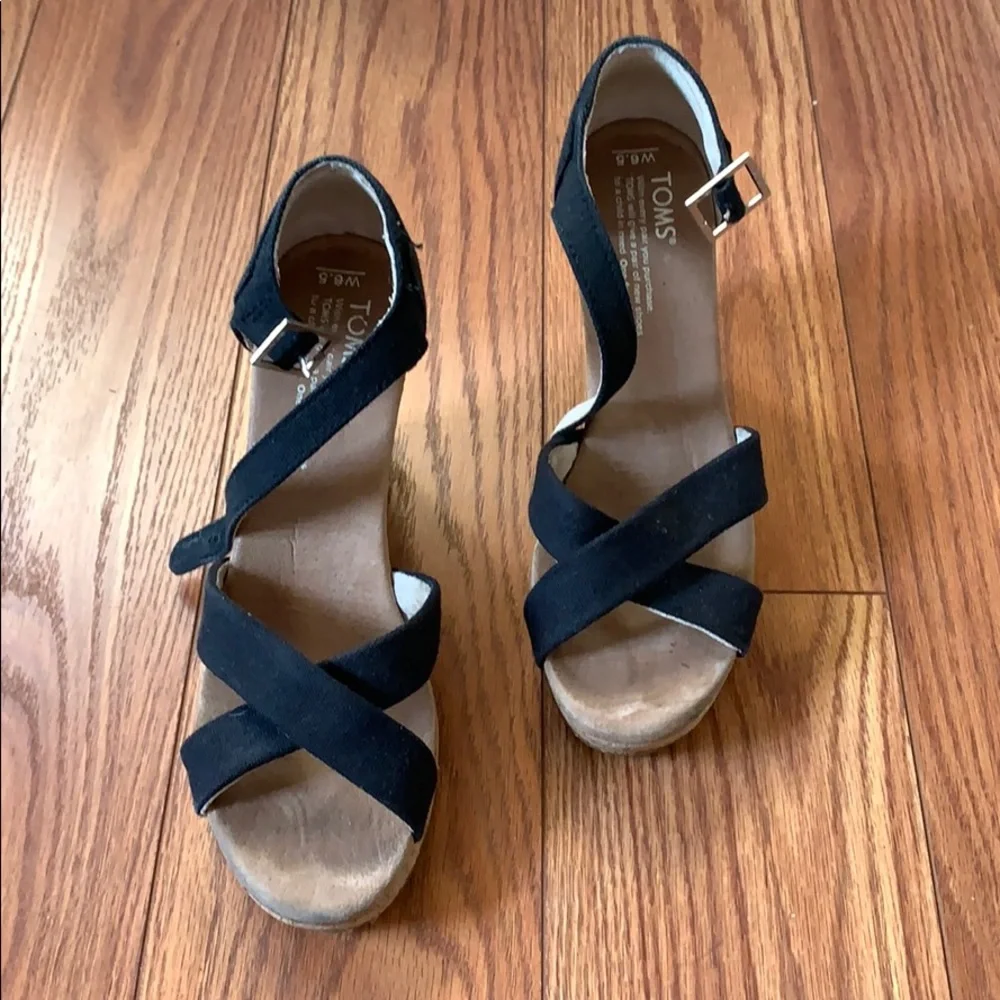 Toms Black Suede Crisscross Wedge Sandals