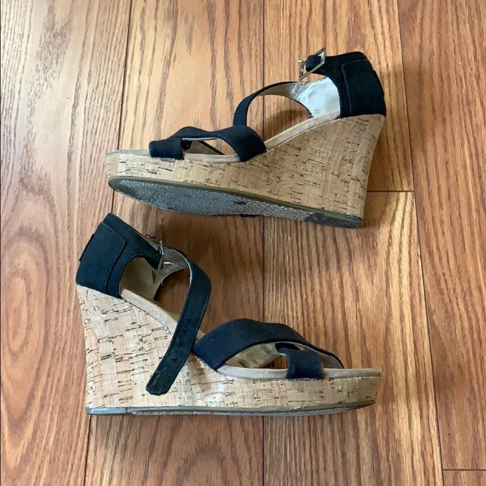 Toms Black Suede Crisscross Wedge Sandals