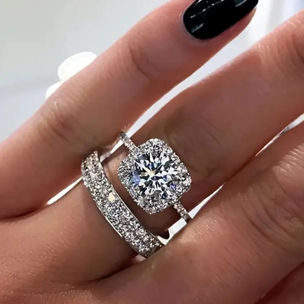 Ladies Elegant Princess Cut Lab Created Diamonds Wedding Ring Set