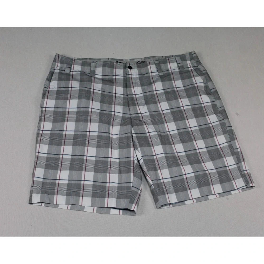 Callaway Men Gray Chino Shorts Plaid Casual Elastic Waist Size 40