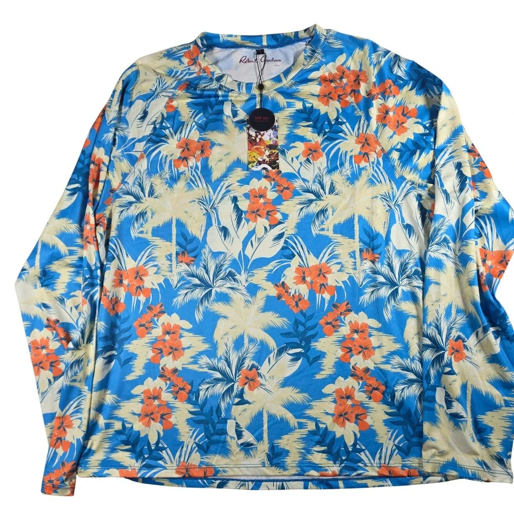 Robert Graham Rash Guard Mens 2XL Azure Blue Tropical Forest UPF 50+ SMRG114