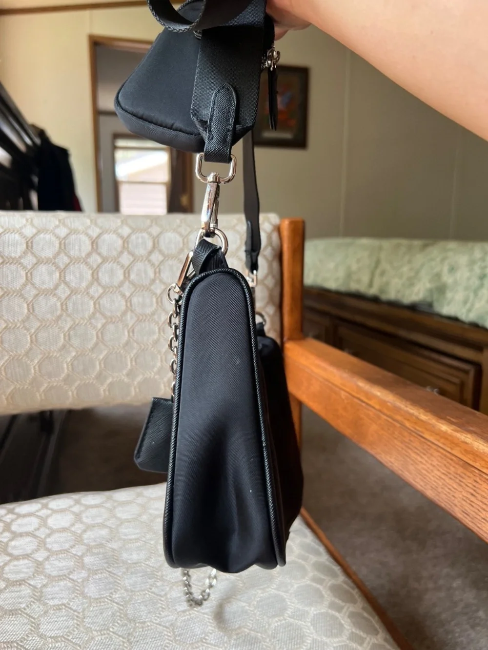 Black Nylon Shoulder Bag with Chain Accent