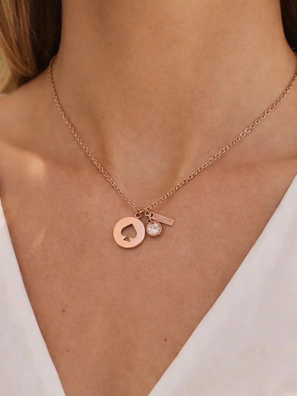 kate spade rose gold spade cutout pendant necklace with crystal charm