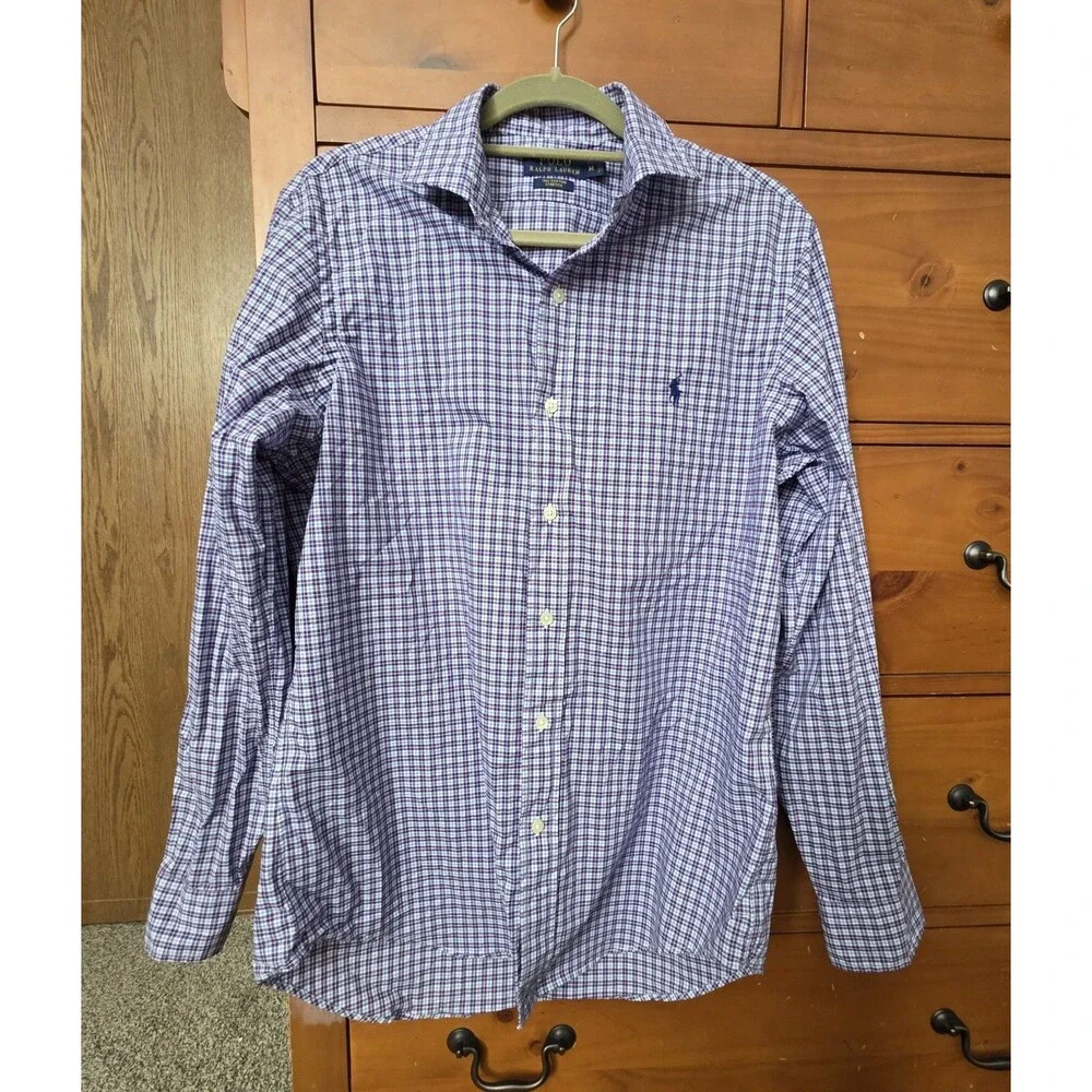 Polo Ralph Lauren Shirt Medium Blue Purple Checked Long Sleeve Button Down