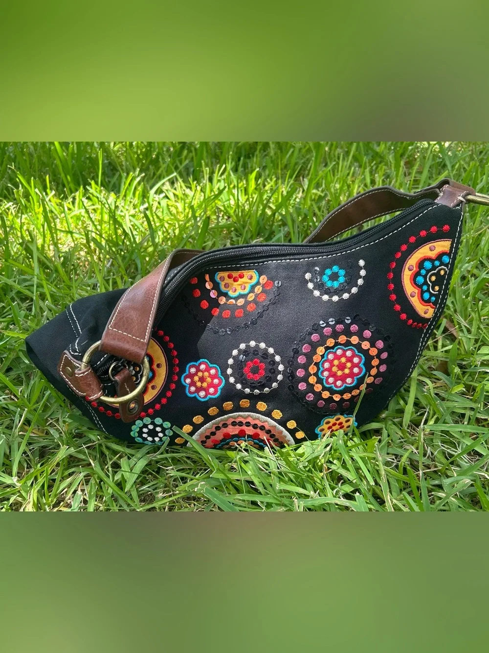 Relic Black Shoulder Bag with Multicolor Embroidered Medallions