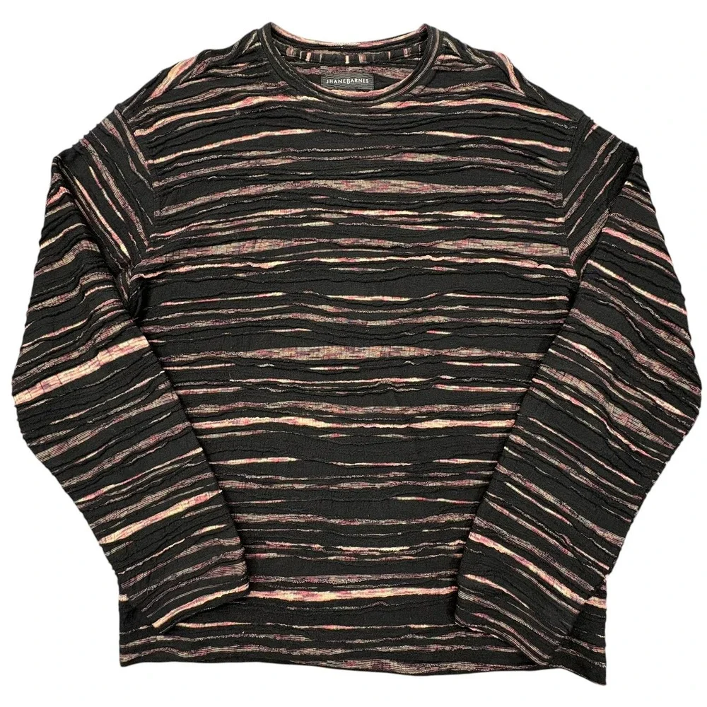 Jhane Barnes 3D Textured Knit Sweater Mens M Black Striped Crew Neck Vintage