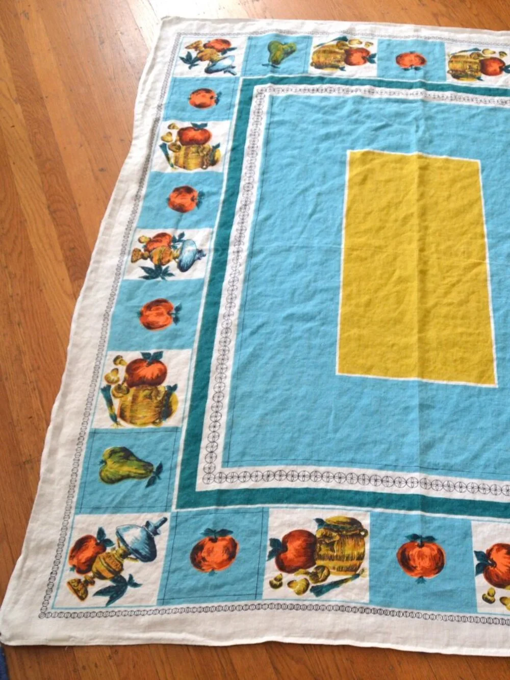 Vintage Mid-Century 100% Linen Tablecloth Fruit Turquoise Gold 57