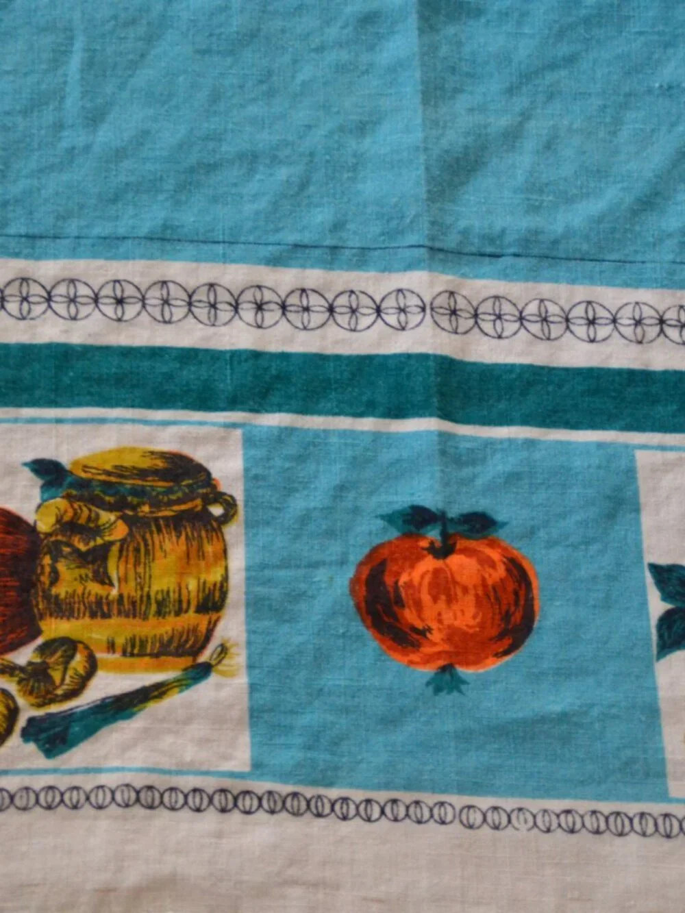 Vintage Mid-Century 100% Linen Tablecloth Fruit Turquoise Gold 57