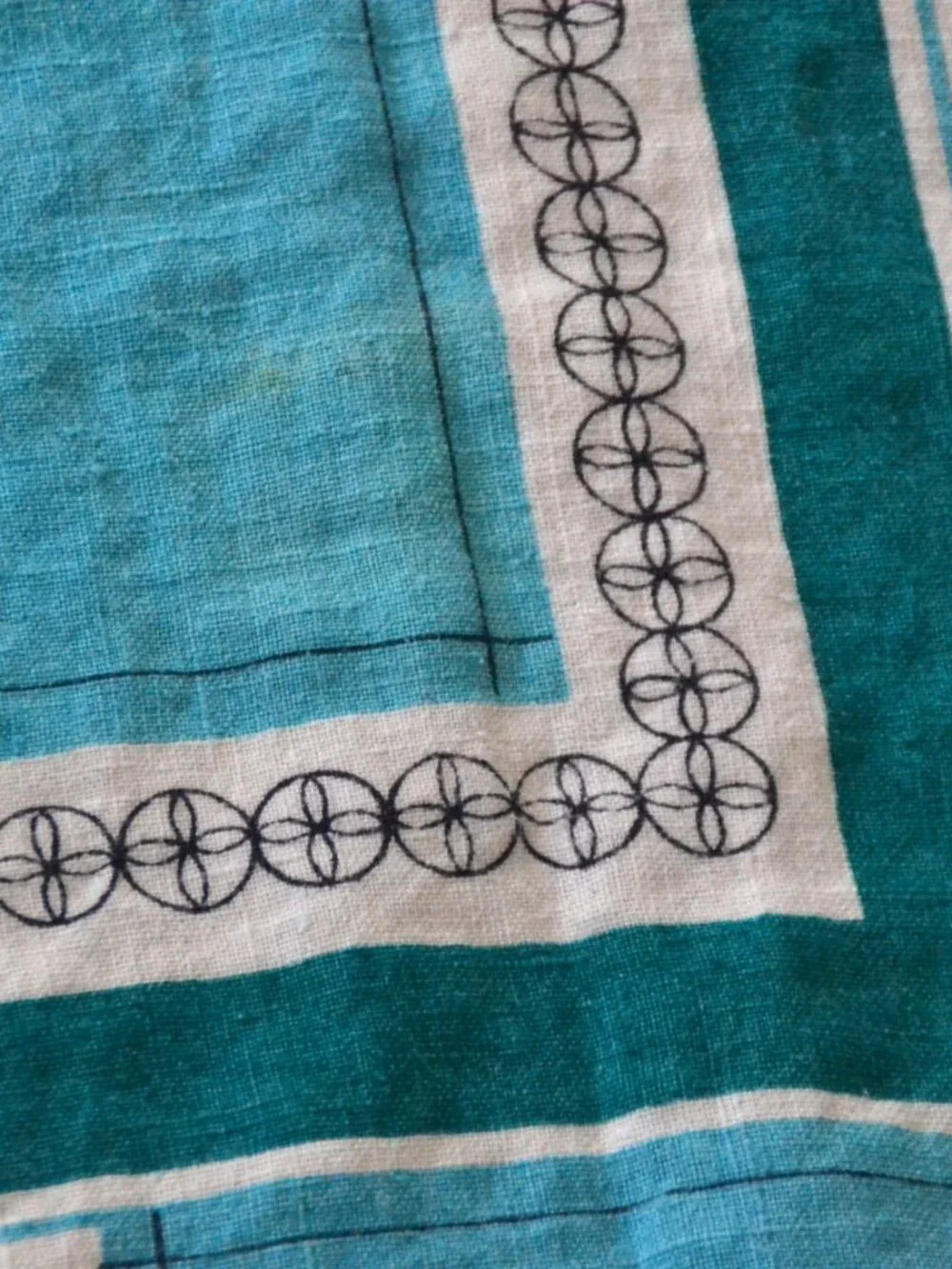 Vintage Mid-Century 100% Linen Tablecloth Fruit Turquoise Gold 57