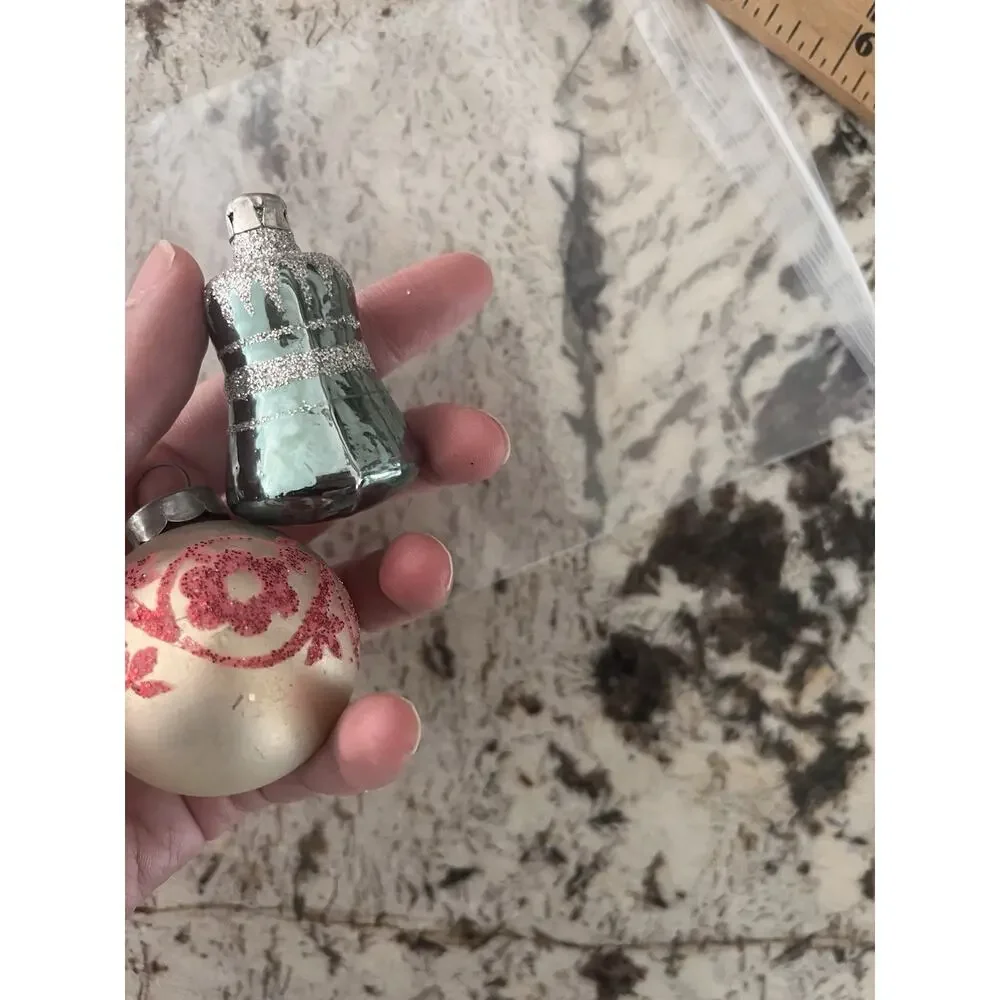 Vintage Mercury Glass Globe And Bell Christmas Ornaments Stenciled 1950s RARE