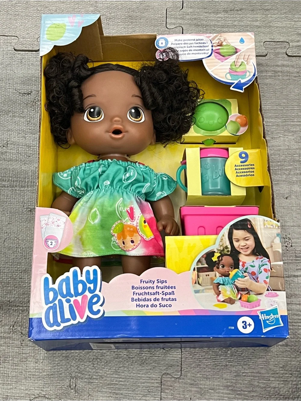 Baby Alive Fruity Sips 30cm Dark Hair Brown Eyes Doll 9pc Set Ages 3+