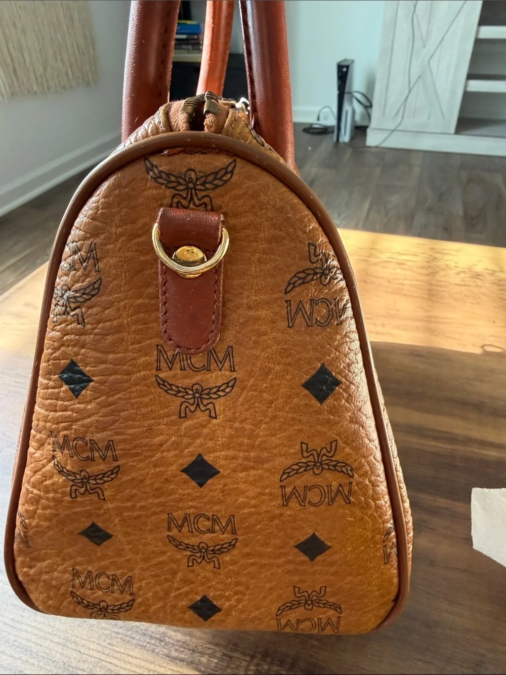 MCM Cognac Visetos Logo Satchel with Gold Hardware