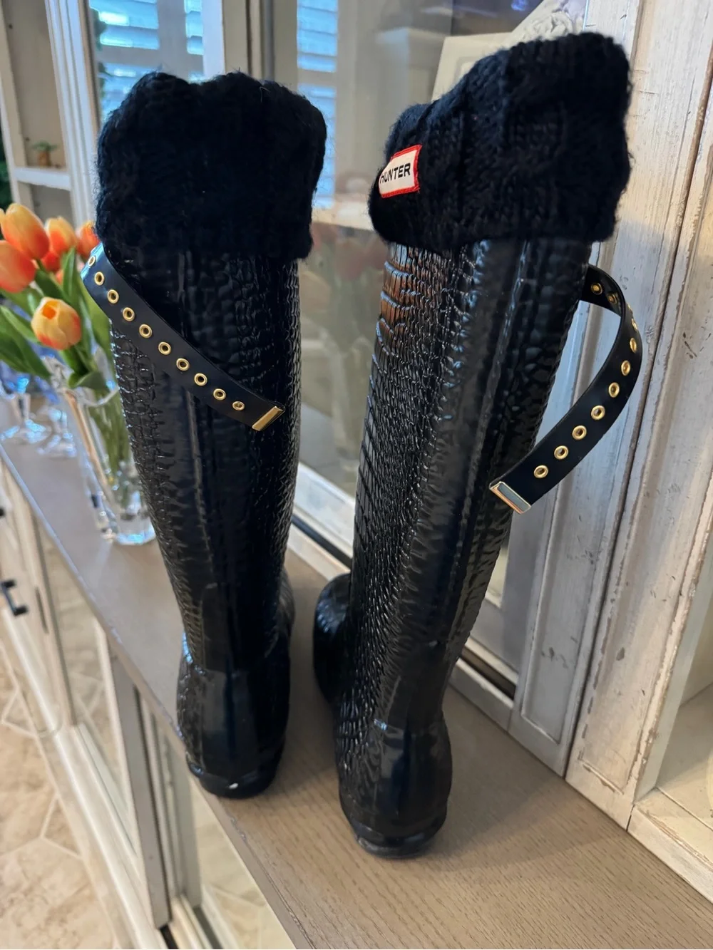 Hunter & Jimmy Choo Limited Edition Black Croc-Embossed Tall Rain Boots